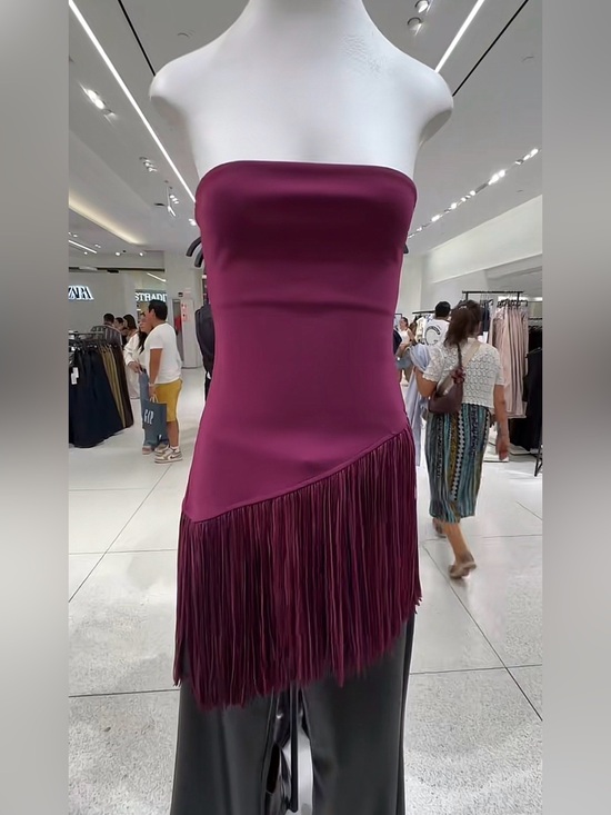 Zara Dresses & Skirts - Zara Strapless Fringe Dress in Deep Plum